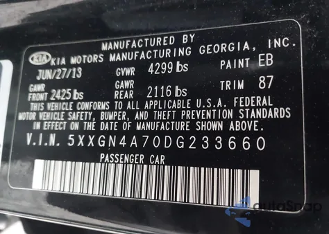 2013 Kia Optima Ex from USA, damaged, VIN 5XXGN4A70DG233660